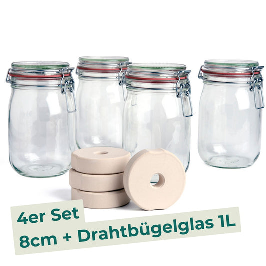 Drahtbügelglas + Beschwerungsstein - 4er Set