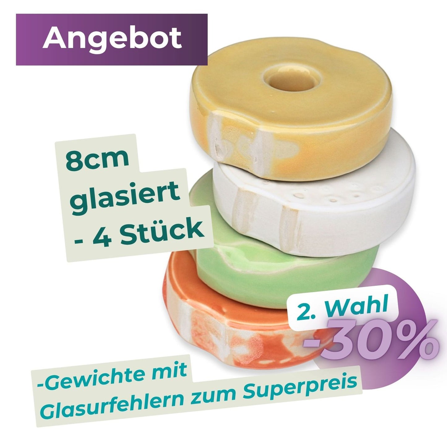 8cm Beschwerungsstein/ glasiert - bunt - 4er Pack