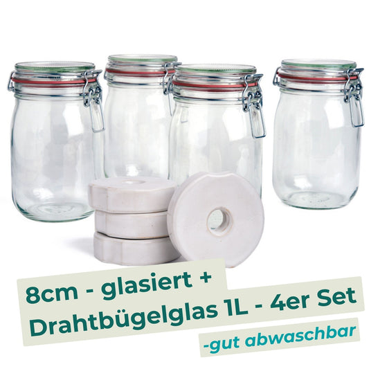 Drahtbügelglas + Beschwerungsstein/weiß glasiert - 4er Set