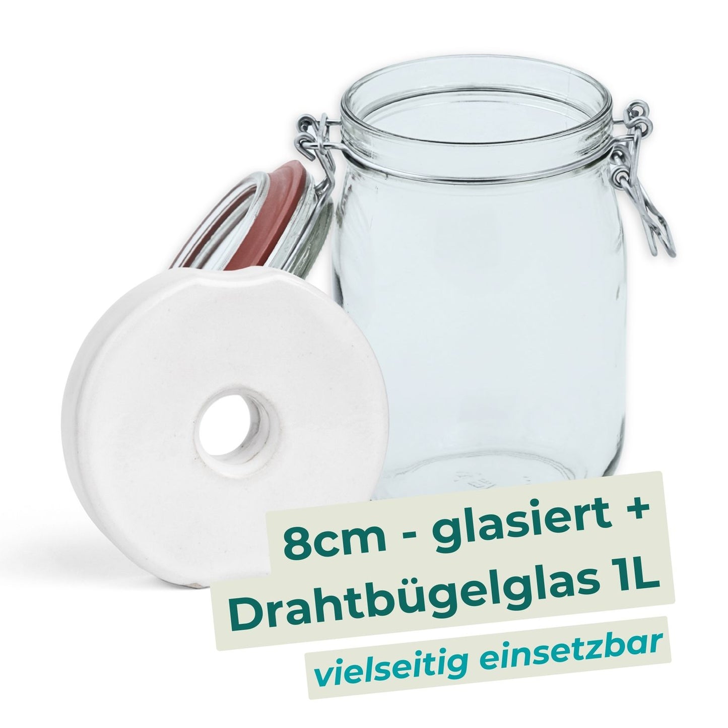 Drahtbügelglas + Beschwerungsstein/weiß glasiert - Starterset