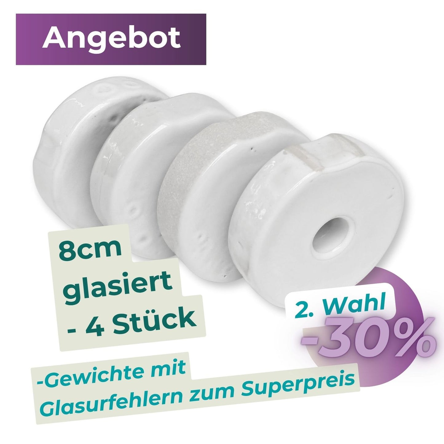 8cm Beschwerungsstein/weiß glasiert/2. Wahl - 4er Pack