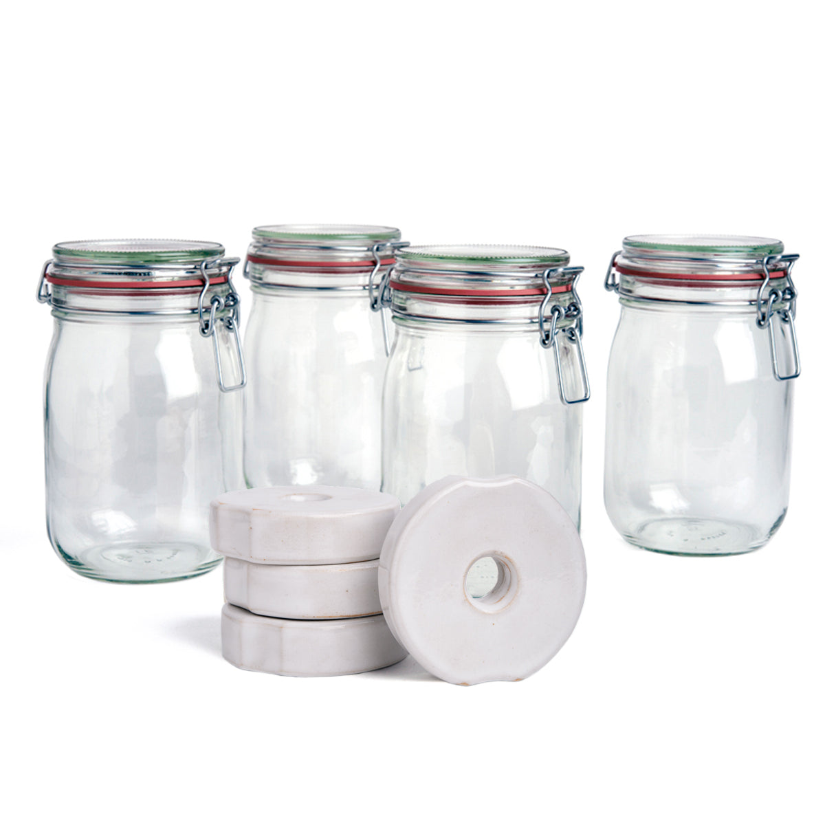 Drahtbügelglas + Beschwerungsstein/weiß glasiert - 4er Set